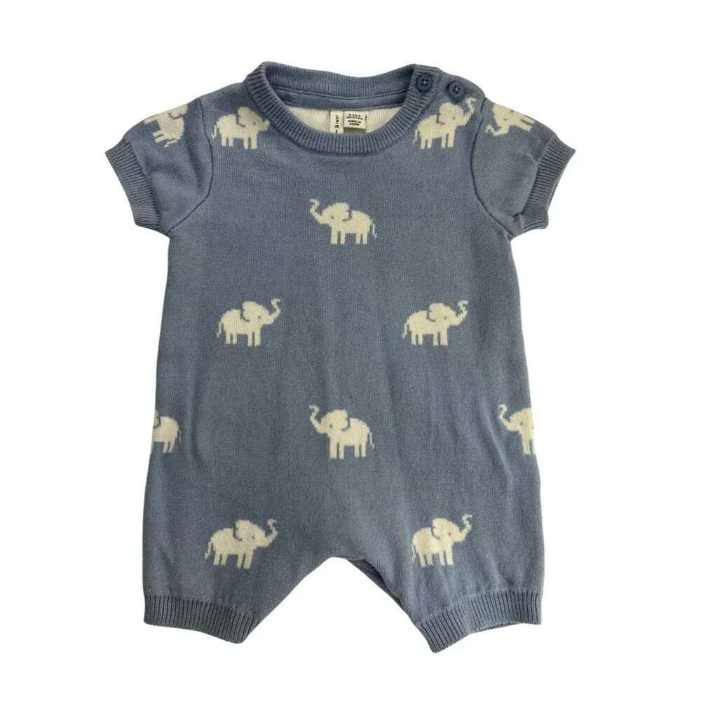 Janie and Jack Baby Boy 0-3M Light Blue Elephant Romper Preppy Heirloom